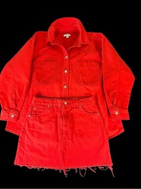 Topshop Red Denim Mini Skirt & Jacket Set Women’s Size 8-10